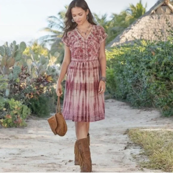 Sundance Gemi Pink Multi Tie Dye Floral Embroidered Dress Cupro Chiffon Size S - Picture 2 of 15